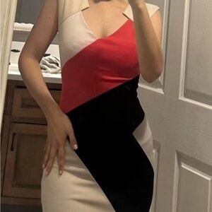 Guess Asymmetrical Dress - Red, Black, Cream